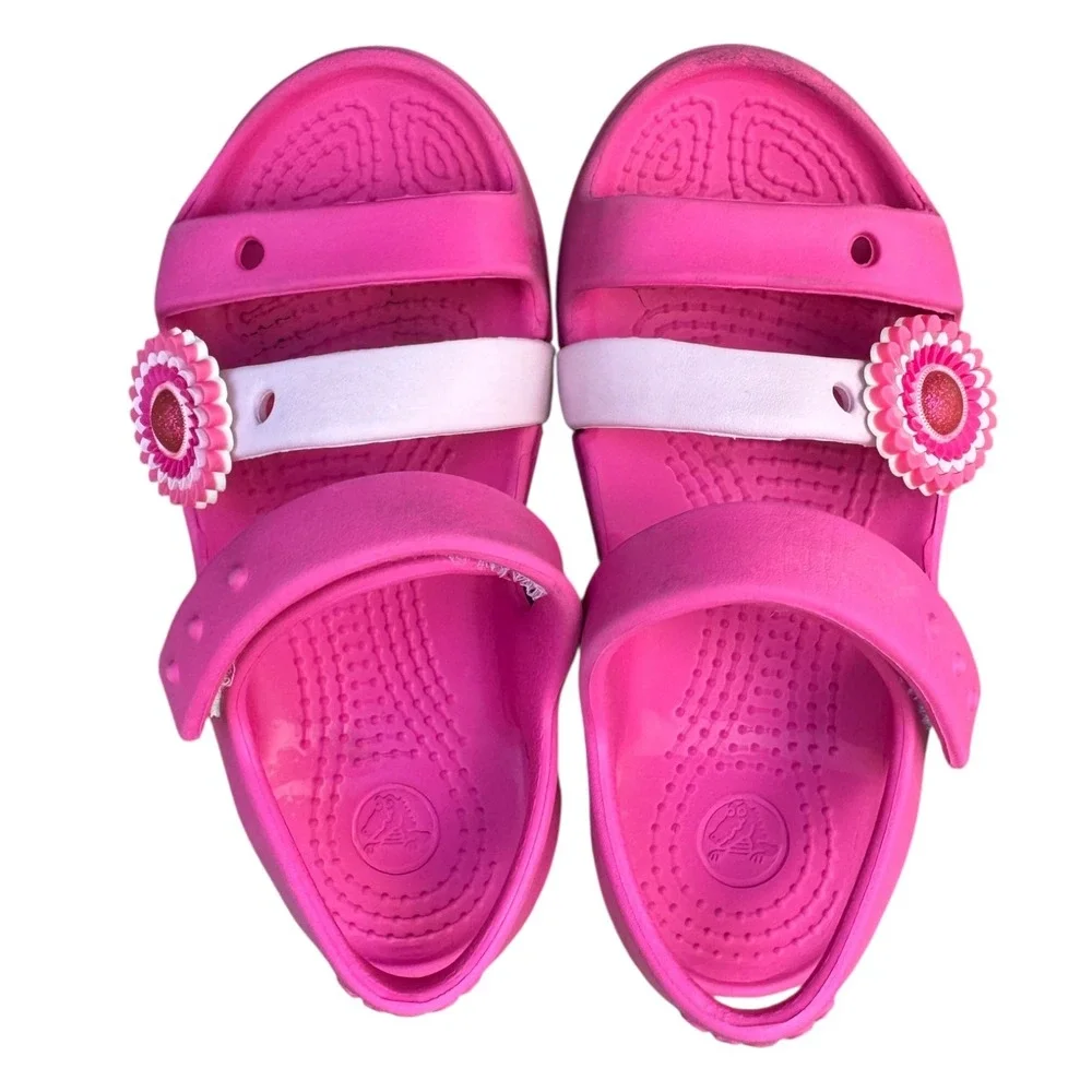 Crocs Kids Lina Sandal Pink White Flower Charm Hook Loop Strap Size 10‎ Toddler